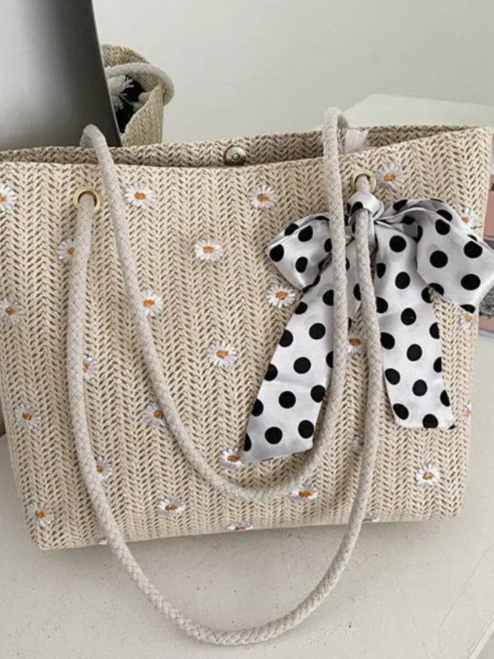Flower Decorated Straw Tote Bag